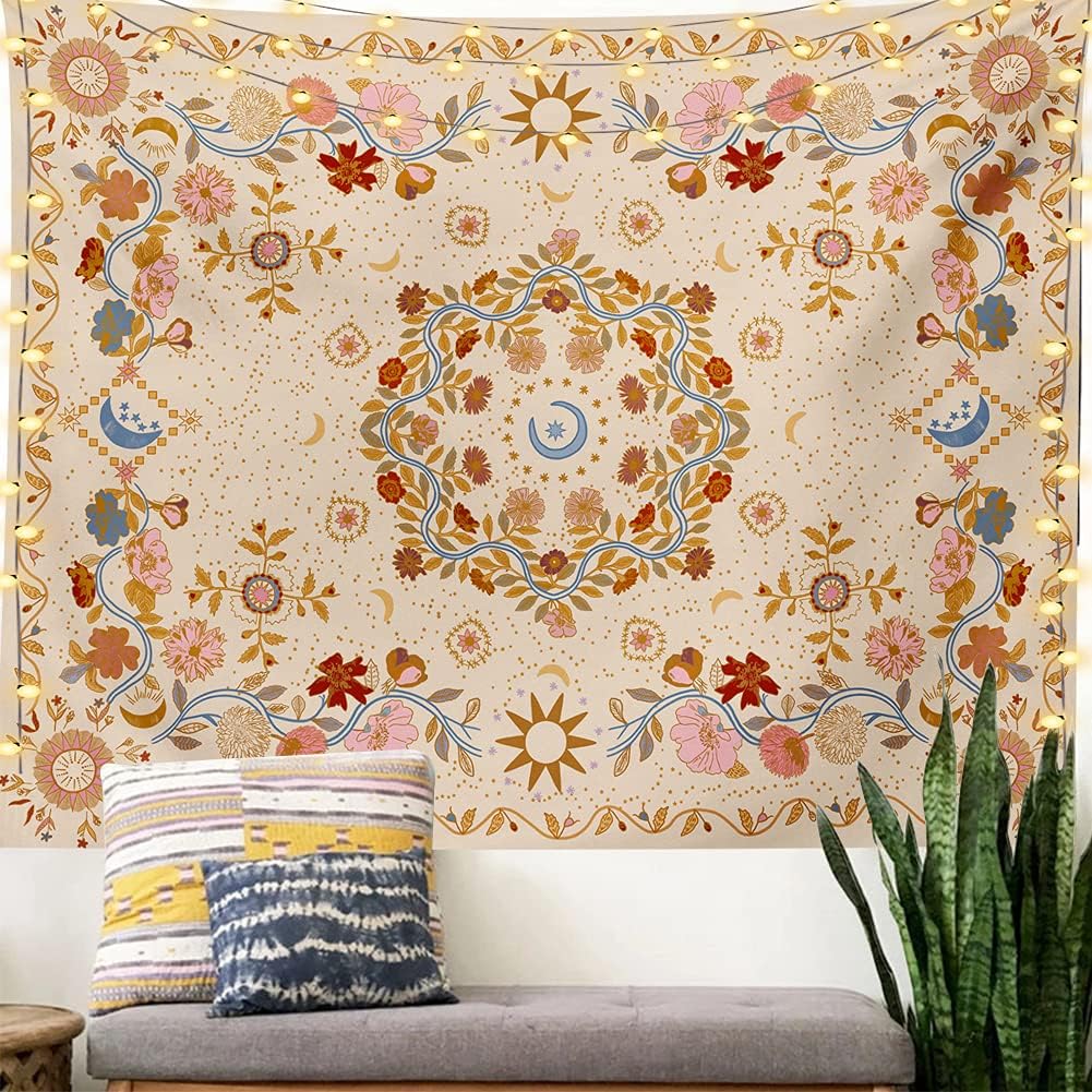 Tapestries - TTYQXZ Wall Tapestry Bohemian - Floral Vine Tapestry Wall Hanging Celestial Sun Moon and Star Tapestries Hippie Home Decor Boho Tapestry for Bedroom Aesthetic (Cream, Large (60ʺx 80ʺ))