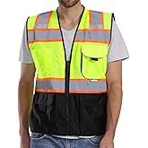 Dib Safety Vest Reflective with Pockets and Zipper, High Visibility Mesh ANSI Class 2, Made with 3M Reflective Tape, Yellow and Black Medium