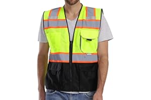 Dib Safety Vest Reflective with Pockets and Zipper, High Visibility Mesh ANSI Class 2, Made with 3M Reflective Tape, Yellow and Black Medium
