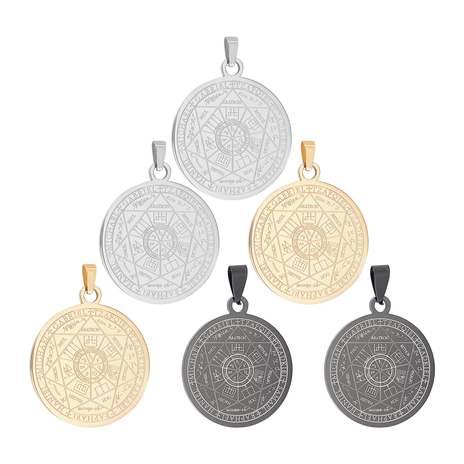 DICOSMETIC 6pcs 3 Colors The Seal of The Seven Archangels Pendant Stainless Steel/Golden/Black Color Necklace Pendant Flat Round Pentagram Charm for DIY Crafting Jewelry Making, Hole: 7.6x3mm