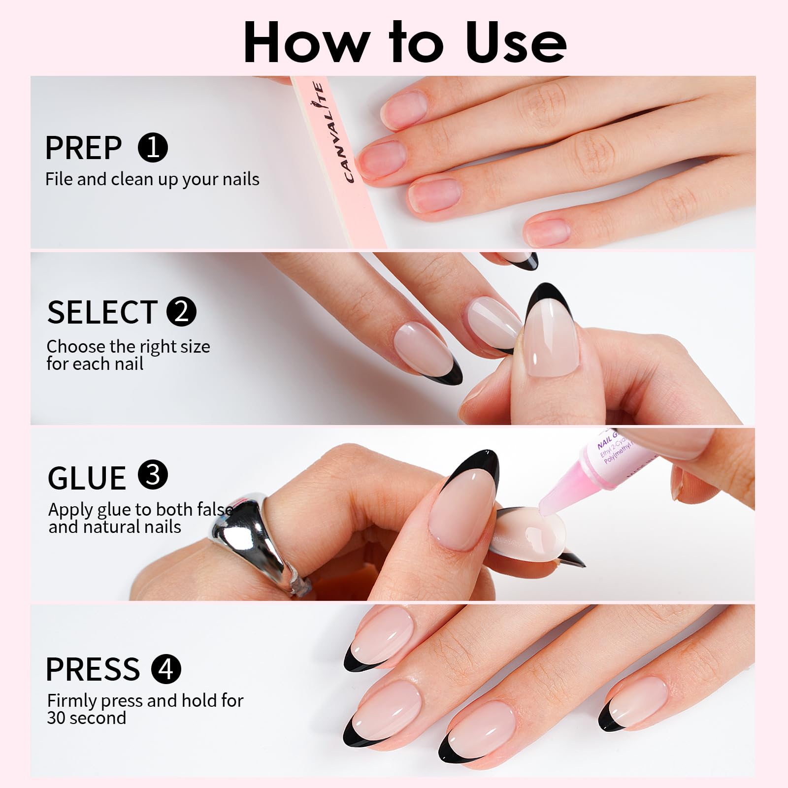 Canvalite French Tip Press On Nails, 30Pcs Short Almond Press on Nails Reusable Acrylic Fake Nails with Glue & Glue Remover Easy to Use Manicure Kit for Women, Black - Image 6