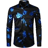 ZEROYAA Mens Hipster 3D Golden Rose Floral Printed Slim Fit Long Sleeve Button Down Dress Shirts