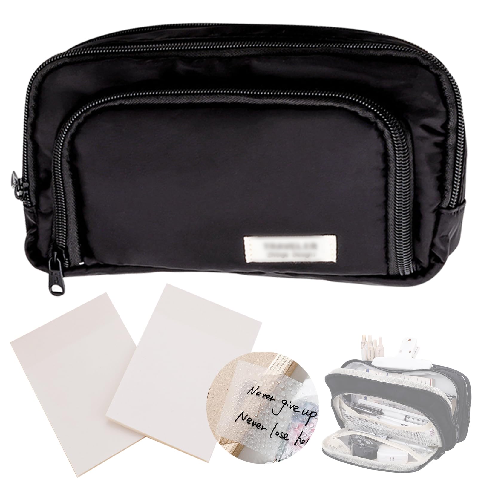 DKDDSSS Large Pencil Case, Big Capacity Pen Bag, Pencil Pouch with 3 Compartments for Girls Boys, Makeup Bag Stationery Organizer, for Teenagers Students(Black)