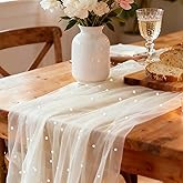 WELTRXE Beige Pearl Table Runner 10ft, Boho Rustic Tulle Lace Table Runner 30x120 Inch for Wedding Decor Birthday Party Dining Table Cover, Champagne