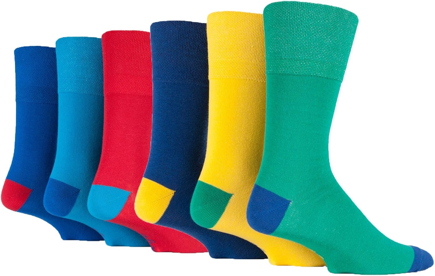 6 Pairs Mens Colourful Yellow Green Blue Gentle Grip Cotton Socks, UK
