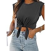 SOFIA'S CHOICE Women Summer Tie Front Crop Tops Crewneck Cap Sleeve Ruched T-Shirt Tops