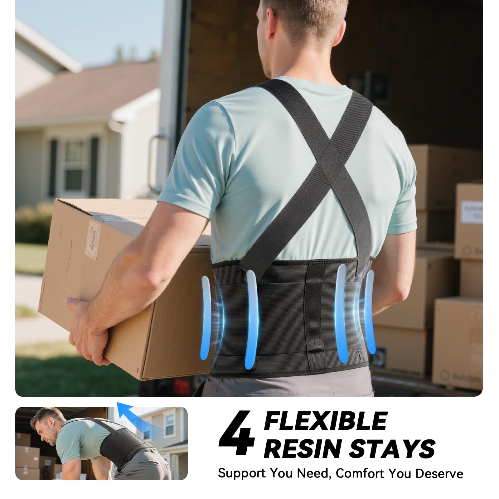 Work Back Brace for Men & Women, Adjustable Lower Back Support Belt with Suspenders for Back Pain Relief, Moving Construction Warehouse Heavy Lifting Safety & Protection (Black, Large)