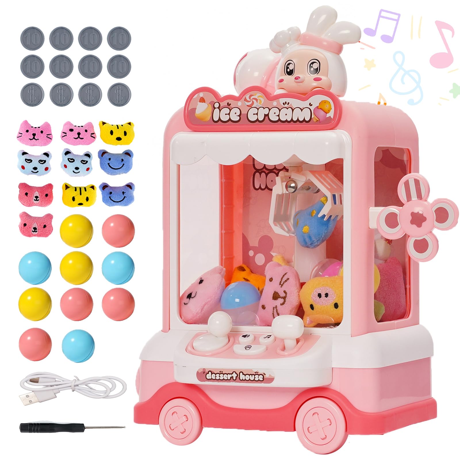 Claw Machine Mini Arcade Machine Toy with 10 Dolls ,10 Twist Claw Machine Toys Mini Doll Grabber with Light and Music Rabbit Decoration Interactive Toy Crane Game for Kids Boys and Girls 3+,Pink
