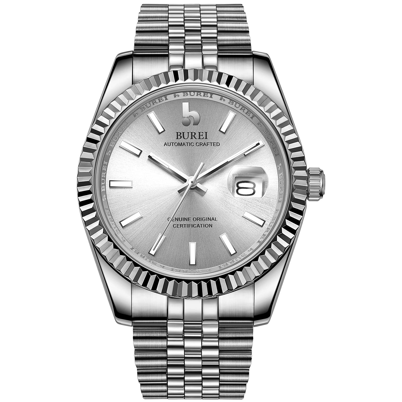 BUREI Men's Watches Luxury Automatic Watch Elegant Classic Date Mechanical Wristwatch with Synthetic Sapphire Glass and Stainless Steel Band (All Silver)