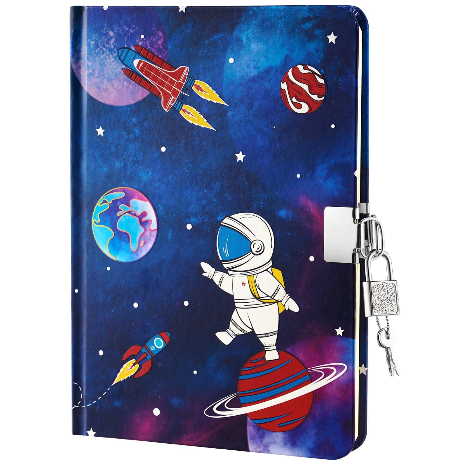 WERNNSAI Space Kids Diary for Boys - Luminous Hardcover Journal Notebook for Kids Gift School Private Diary Hardcover A5 Lined Memos Writing Drawing Notepad with Lock and Keys