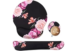 iLeadon Mouse Pad with Wrist Support Keyboard Wrist Rest Set, Ergonomic Mouse Pad with Non-Slip Base for Computer Laptop Home Office + Coasters, Easy Typing & Pain Relief Mouse Mat, Peony Flowers