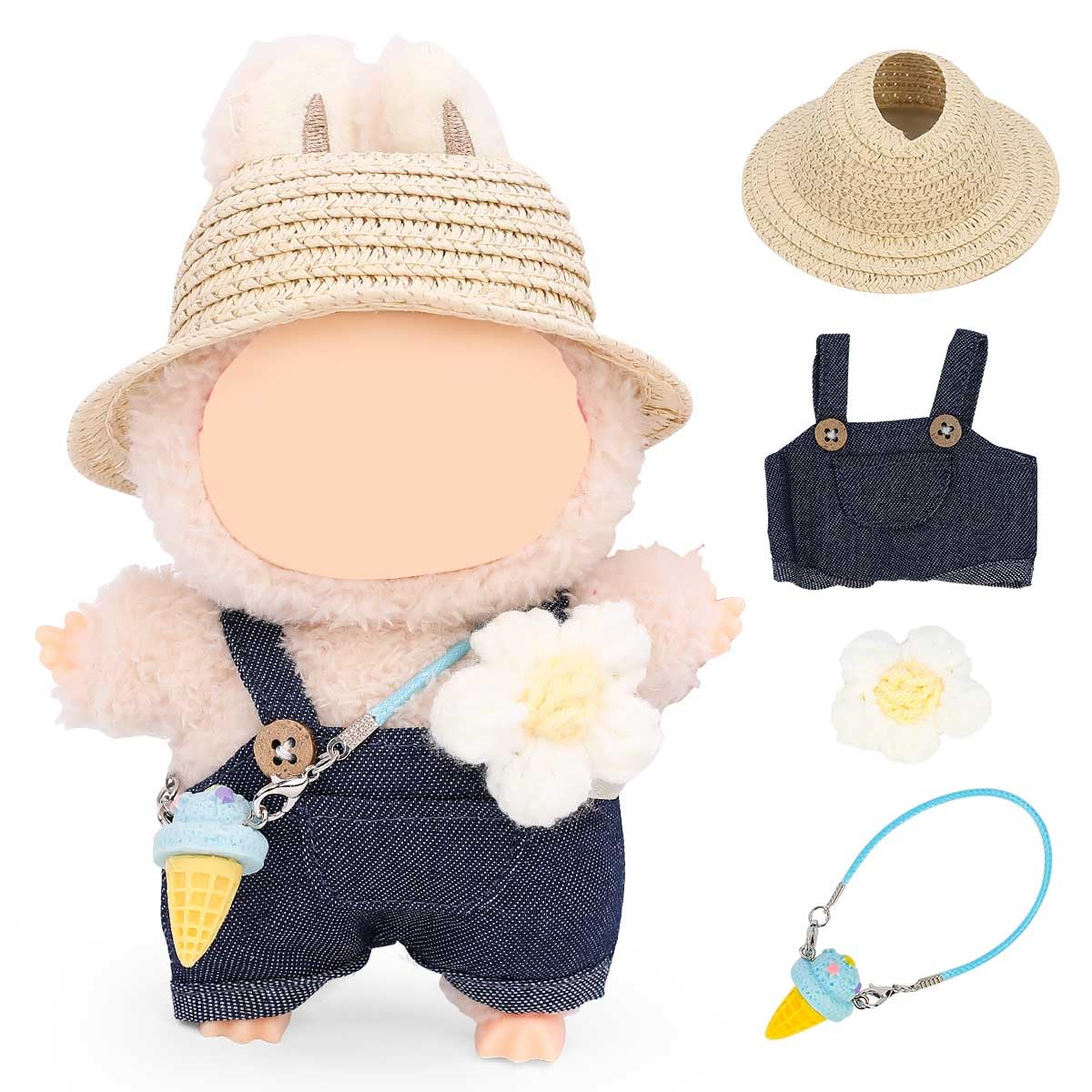 LEWOTE Clothes Set Compatible for Labubu Doll, Hat Suit Ornaments Accessories Set for 17cm/6.7inch Doll (Pocket Denim Overalls/Flowers/Khaki Straw Hat/Blue Cone)