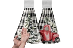 Christmas Hanging Kitchen Towels Winter Buffalo Plaid Red Truck Xmas Tree Hand Towel with Hanging Loop Black and White Check 