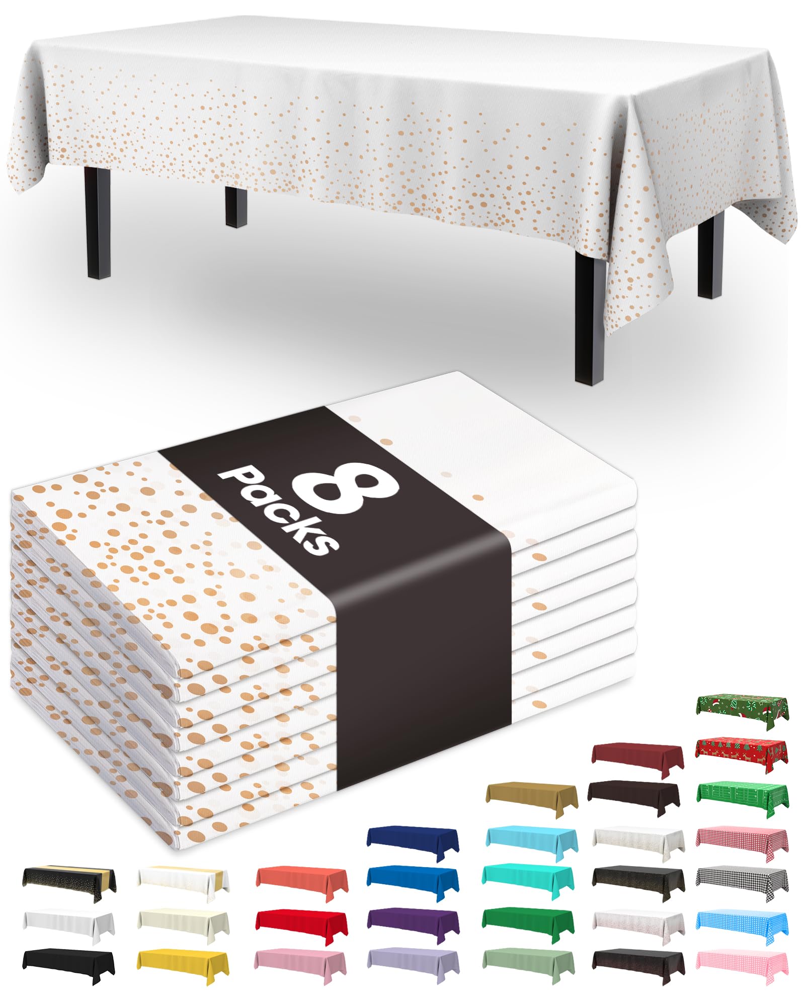 Photo 1 of Pureegg Plastic Table Cloth Disposable 8 Pack, 54 x 108 Inch Table Cloths, Graduation Decorations of 2025, Graduation Tablecloths, Rectangle, Plastic Cover, Leakproof & Sturdy, White and Rose Gold