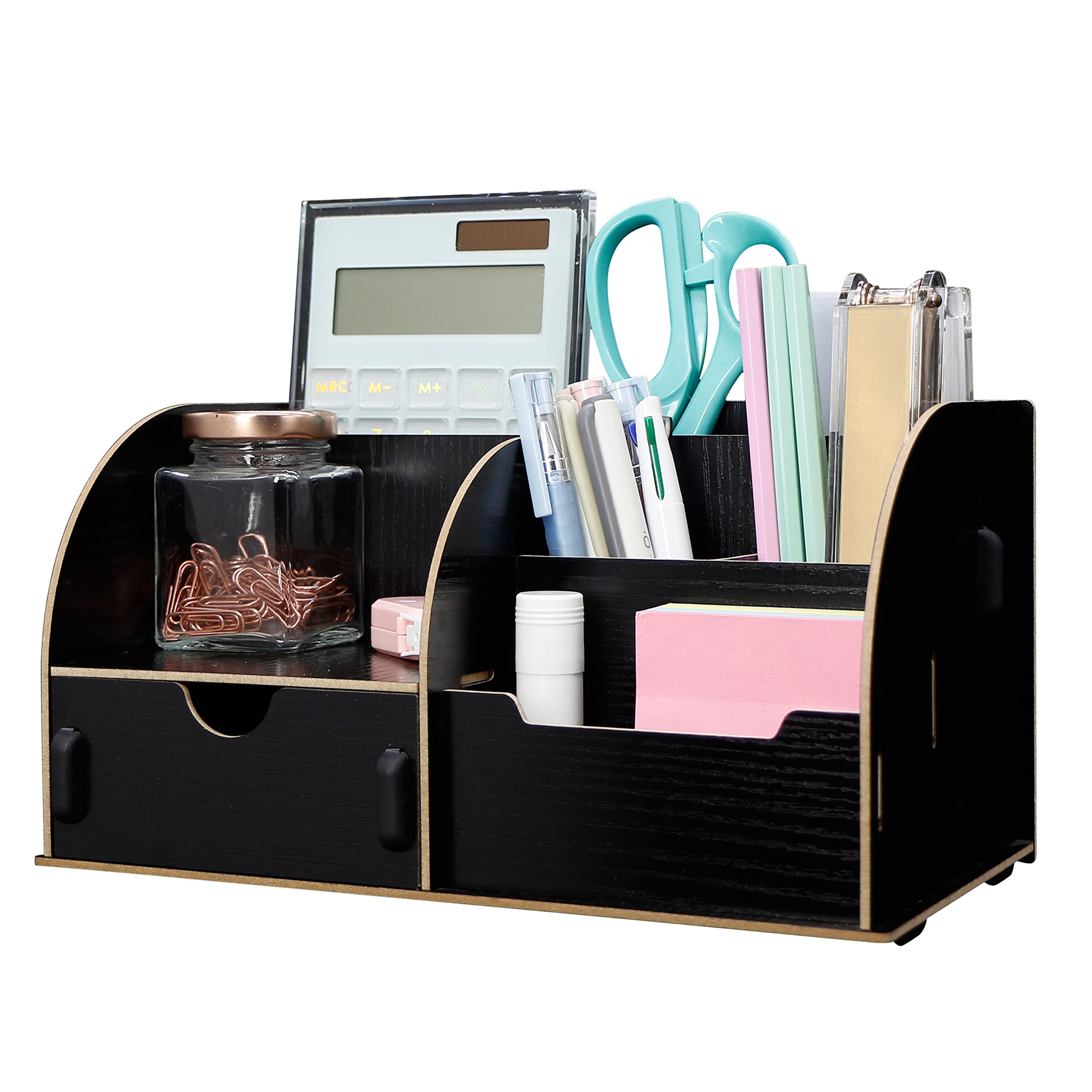 EXERZ Wooden Desk Organiser/Desk Tidy Caddy/Pen Holder - Remote Holder with 7 Compartments - Assembly by Youself Easily (Wooden Black)