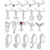 Wrlcorly 20Pcs 20G Dangle Nose Rings L Shaped Nose Stud Hoops Dangling Stainless Steel Nose Ring CZ Human Made Opal Butterfly Water Drop Flower Indian Nose Piercing Jewelry with Charm for Women Silver Gold Plated