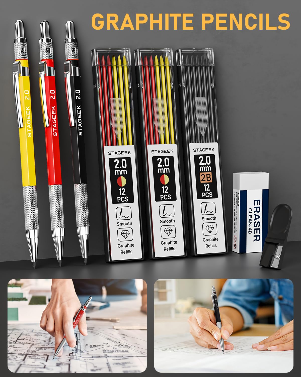 STAGEEK 22er-Set Mechanischer Zimmermannsbleistifte, Automatischem Körner, Hartmetall-Anreißwerkzeug, Radiergummi und Markierstift für tiefe Löcher, Robuster Konstruktionsbleistift für Architekten 3