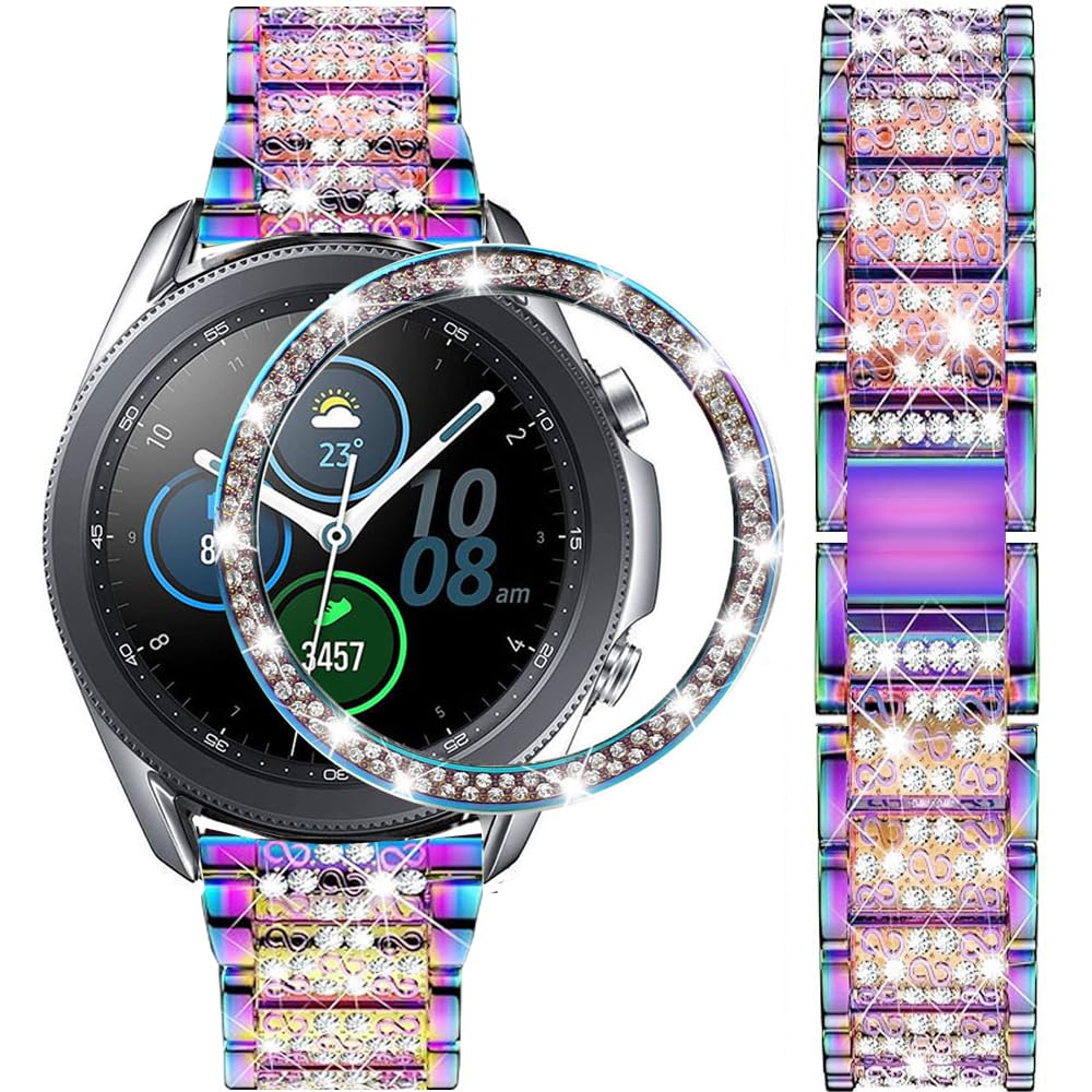 DEALELE Strap Compatible with Samsung Galaxy Watch 3 (41mm), 20mm Bling Rhinestone Dimaond Metal Steel Bracelet with Watch Face Bezel Ring Case Cover Replacement for Women Men, Rainbow