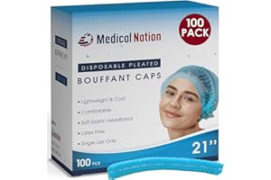 Medical Nation Hair Net, Disposable Pleated Hair Nets | Blue, 100 Count | Bouffant Hair Cap Hair Nets for Food Service, Medical Use - 21" Hairnets for Women & Men- Latex Free with Elastic Band - Blue