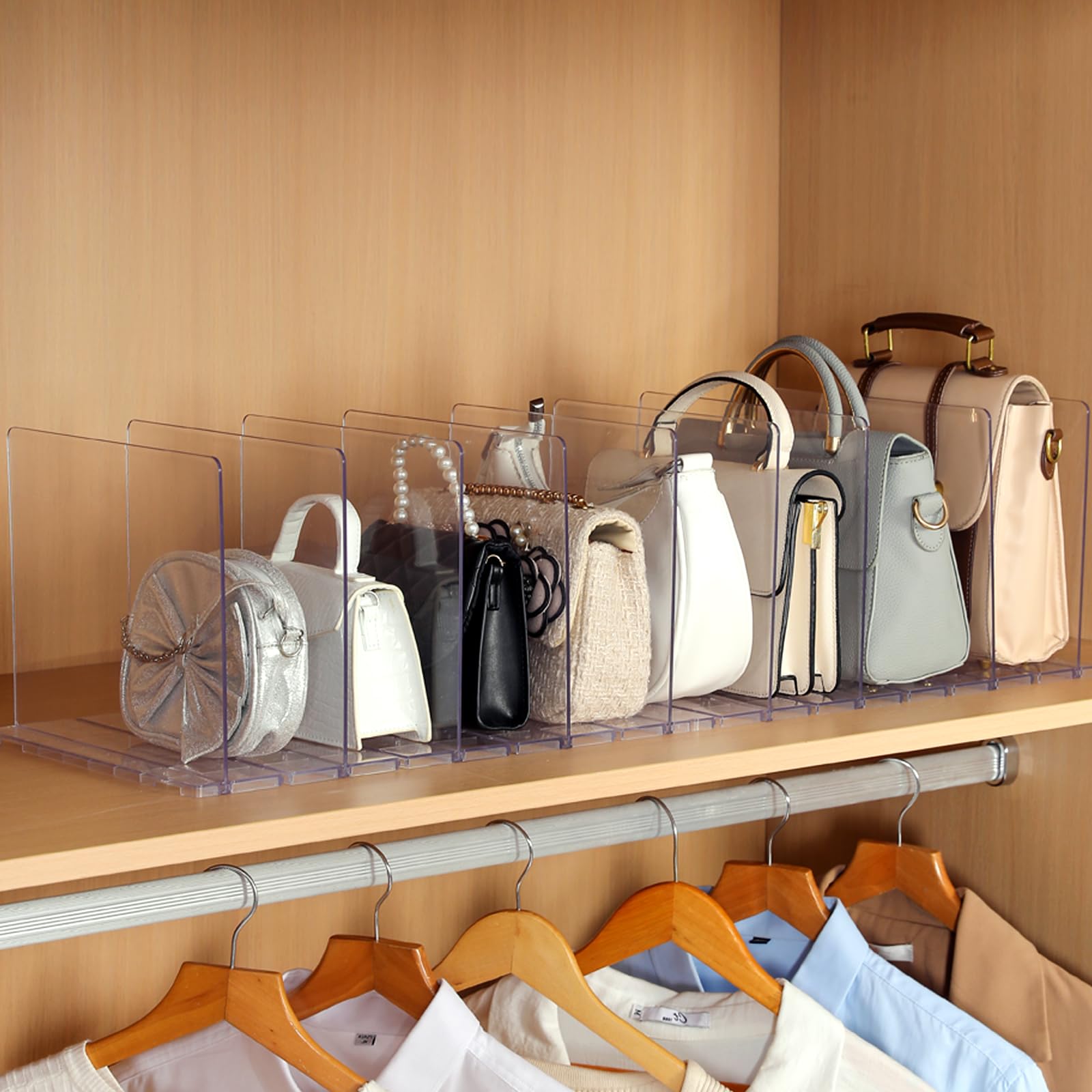 Fangoo 10 PCS Adjustable Bag Dividers Acrylic Shelf Dividers Handbag Organiser Clear Shelf Dividers Detachable Storage of Bedroom Kitchen Cabinet Shelves (Clear)