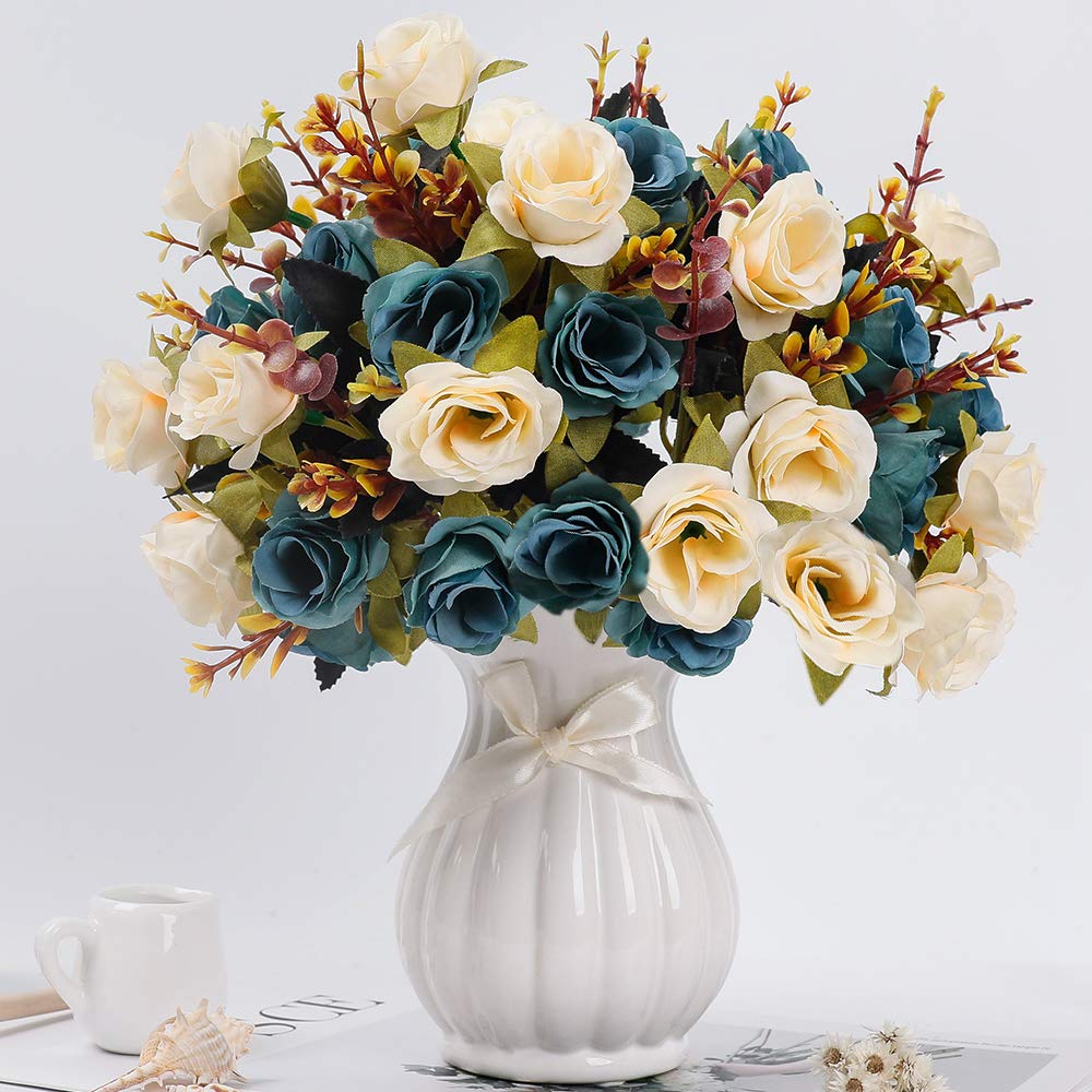 LESING Artificial Silk Rose with Vase Fake Flowers Wedding Flowers Bouquets Arrangement Home Office Party Centerpiece Table Decoration (Blue-1)