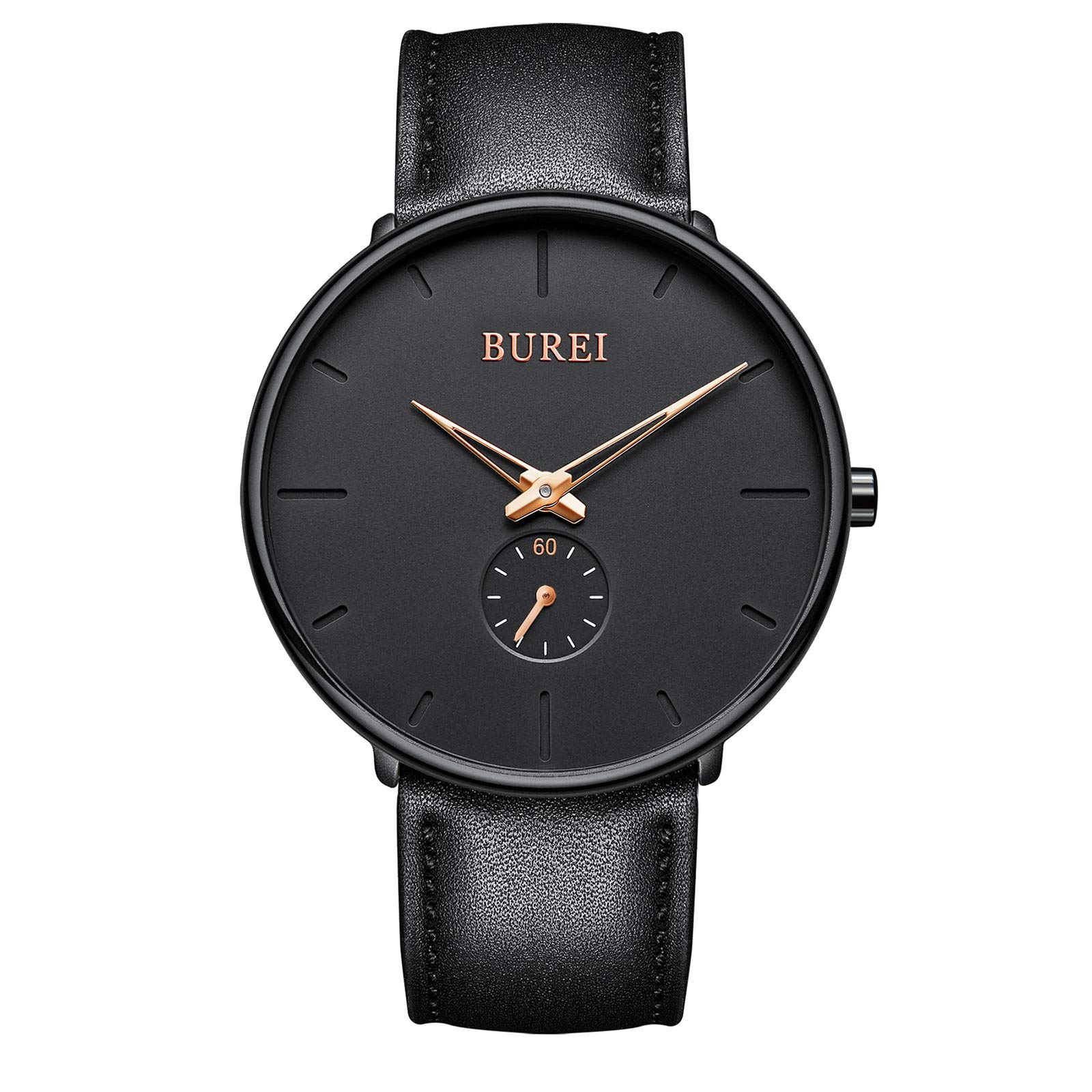 BUREI Mens Minimalist Watch Black Large Face Rose Gold Hands Silver Stainless Steel Mesh Band