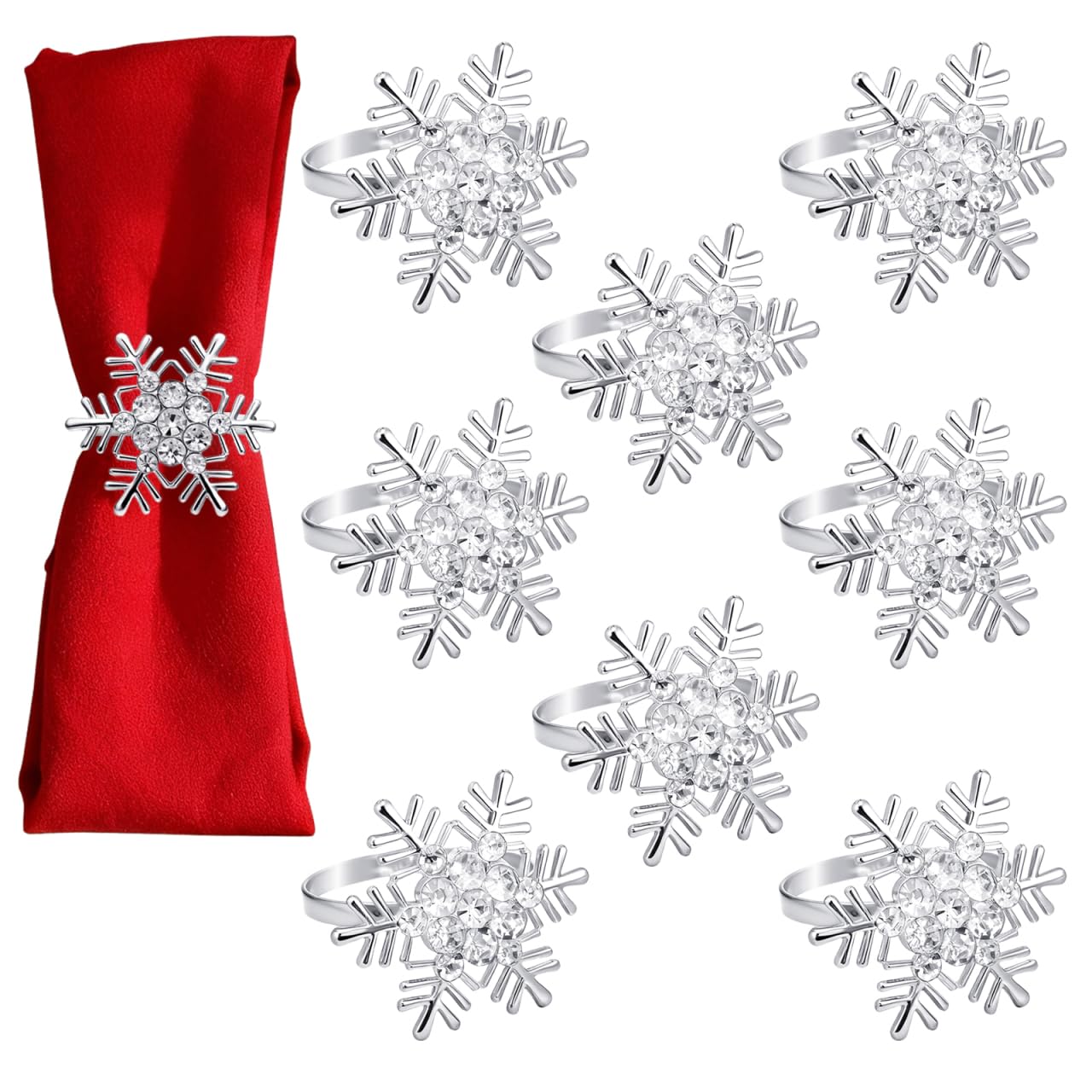 Upkoch 8 Pcs Silver Snowflake Napkin Rings Set, Christmas Napkin Metal Alloy Serviette Holder with Rhinestone Bling, Wedding Dinner Party Table Decorations for Anniversary Banquet Home Dining (Silver)