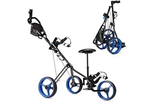 Tangkula Foldable Collapsible 3 Wheels Golf Push Cart with Seat, Foot Brake, Adjustable Umbrella Holder & Seat, 4 Height Position Handle