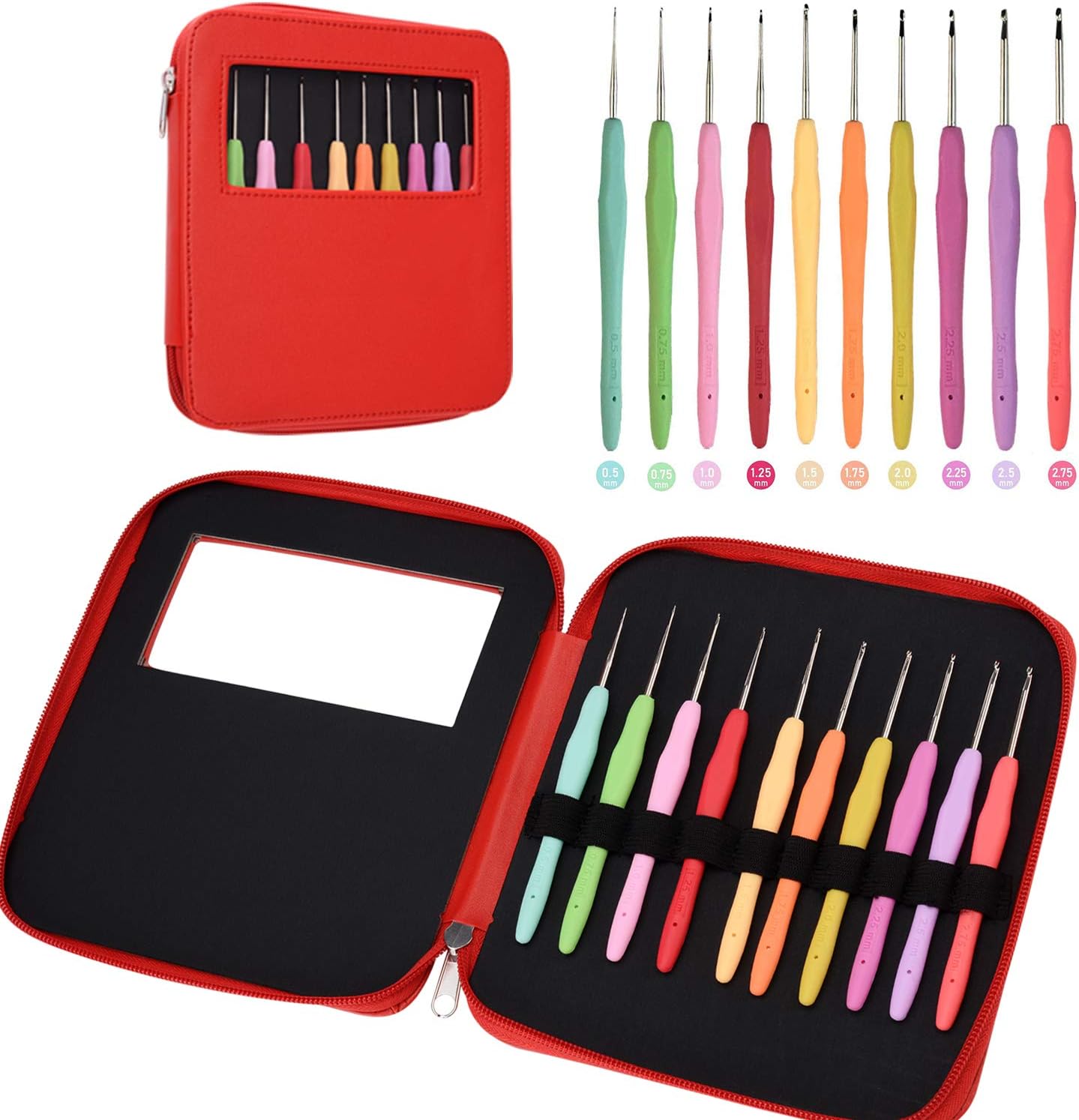 Lace Crochet Hooks,10 Small Size 0.5mm-2.75mm Aluminum Crochet Hooks Set with Case,Ergonomic Crochet Hook Set for Arthritic Hands(Red)