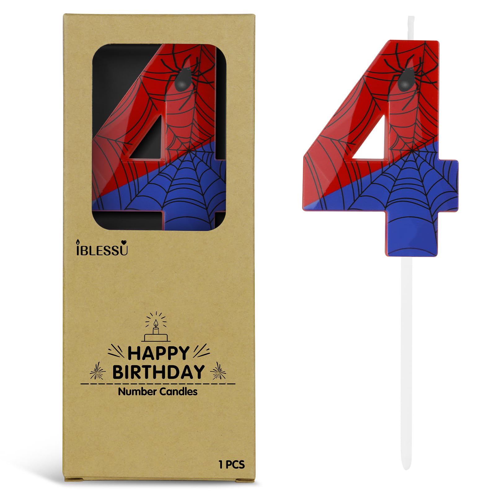 Number 4 Spider Themed Birthday Candle, 2.68 Inch Red Blue Spider Birthday Candles, Number Candles Birthday Cake Toppers Web Candles for Boy Girl Spider Party Decoration Supplies Halloween Party