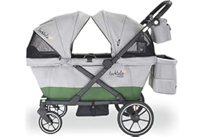 Larktale Caravan Coupe Quad, Compact Stroller Wagon with Reclining Seats for 4 Kids, Gray/Green