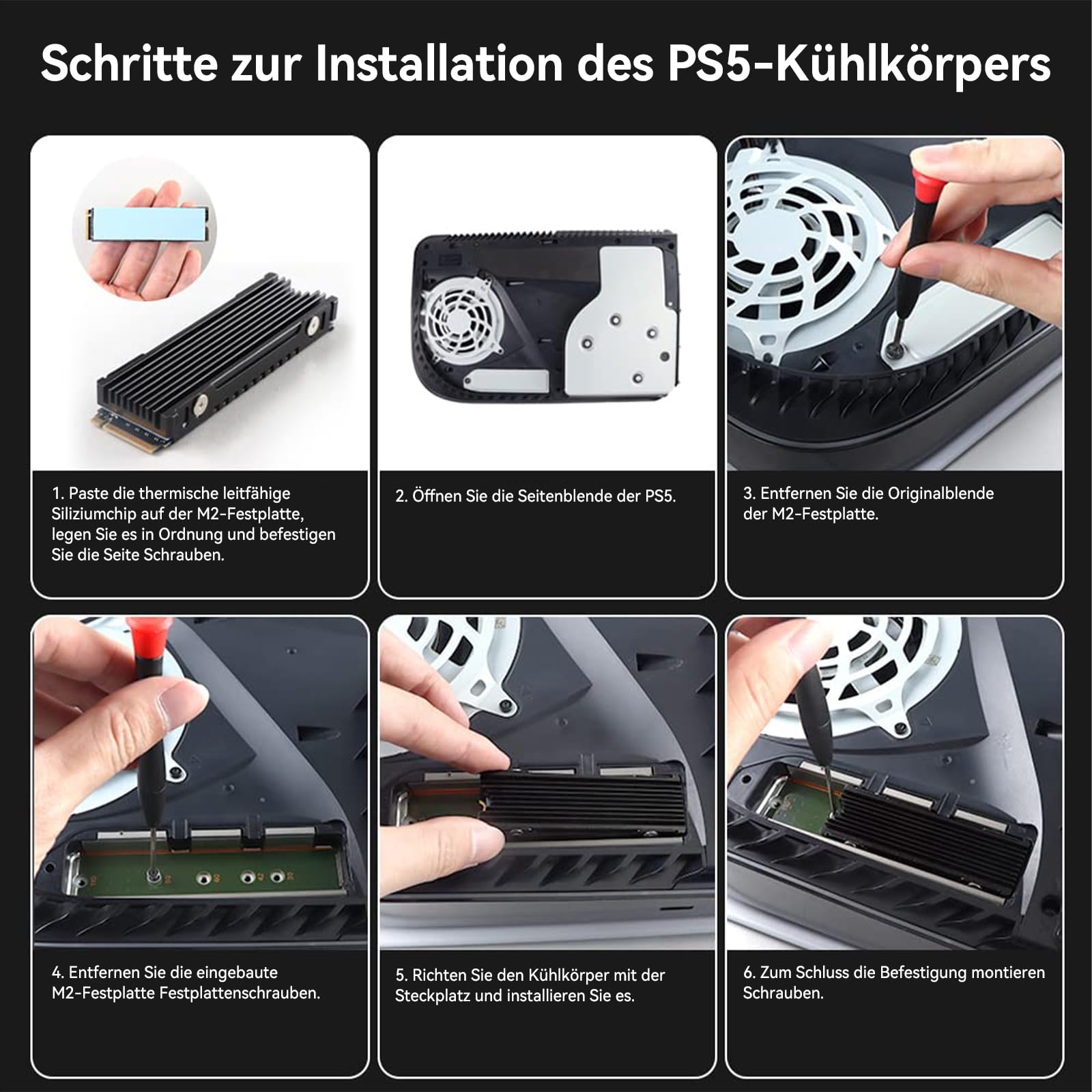 ELUTENG M.2 Kühlkörper für 2280 M.2 SSD, Aluminium Doppelseitiger mit 4 Silikon Wärmeleitpad passend für PC/PS5/PS5 Slim Installation, M.2 PCIe NVMe/SATA SSD, Schwarz 5