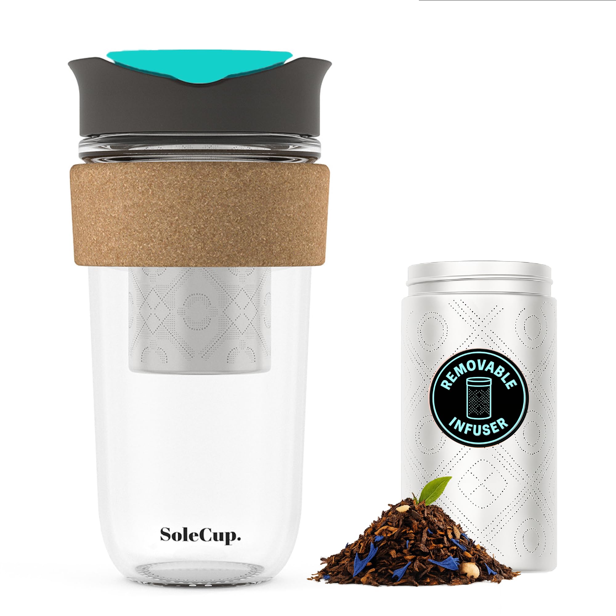 SoleCup. Travel Mug Loose Tea Infuser - Detachable Tea Strainer with Spillproof Lid - BPA-Free Reusable Glass Travel Coffee Cup with Cork Band (Grey and Blue, 530ml / 18oz)