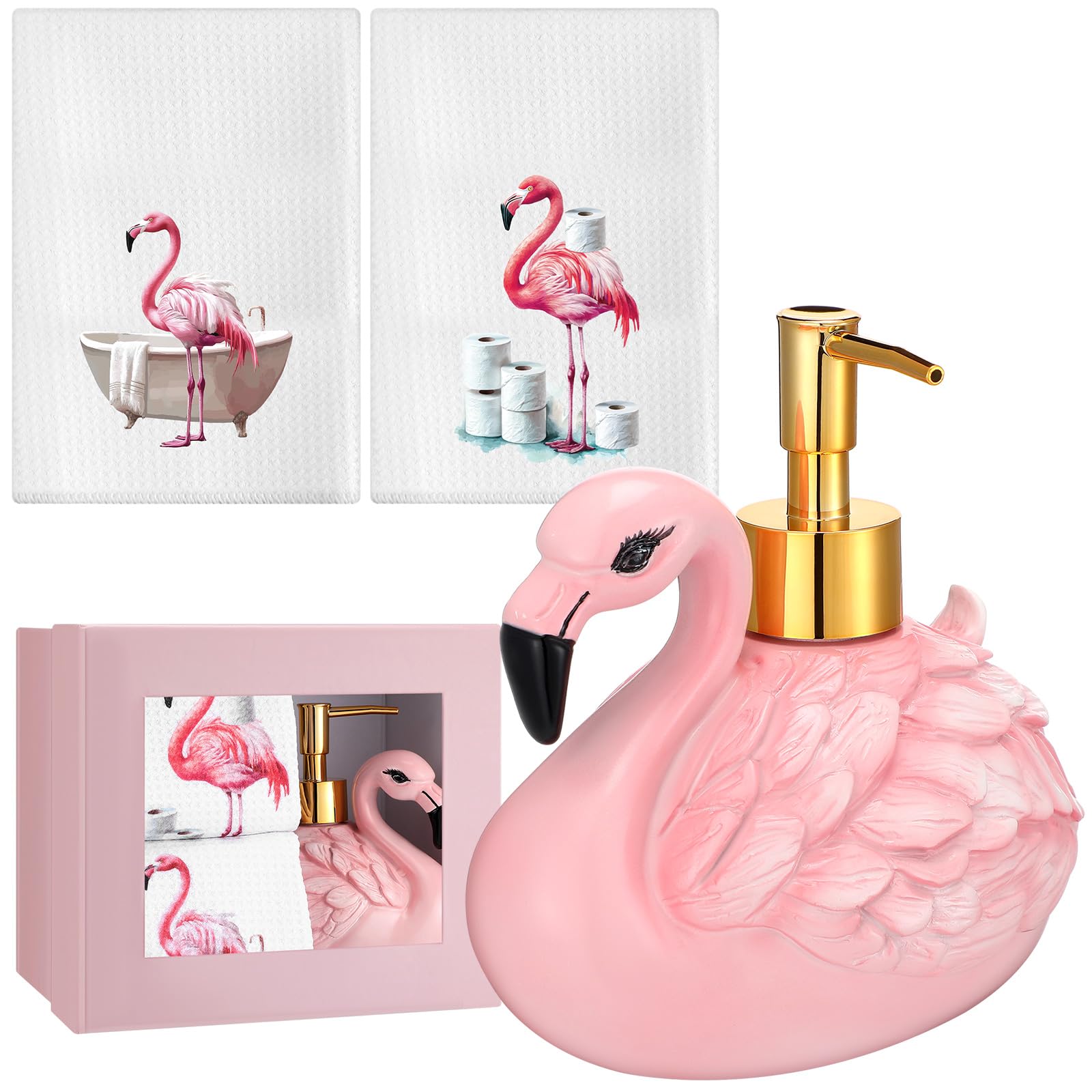 Photo 1 of Teenyyou 4 Pcs Flamingo Soap Dispenser Bathroom Accessories Soap Dispenser Lotion Pump and Flamingo Hand Towels with Gift Box Set for Home Bath Kitchen Decoration