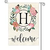 YeeCASE Monogram Letter Garden Flag Floral 12x18 Inch Double Sided for Outside Small Burlap Family Last Name Initial Yard Flag (H)