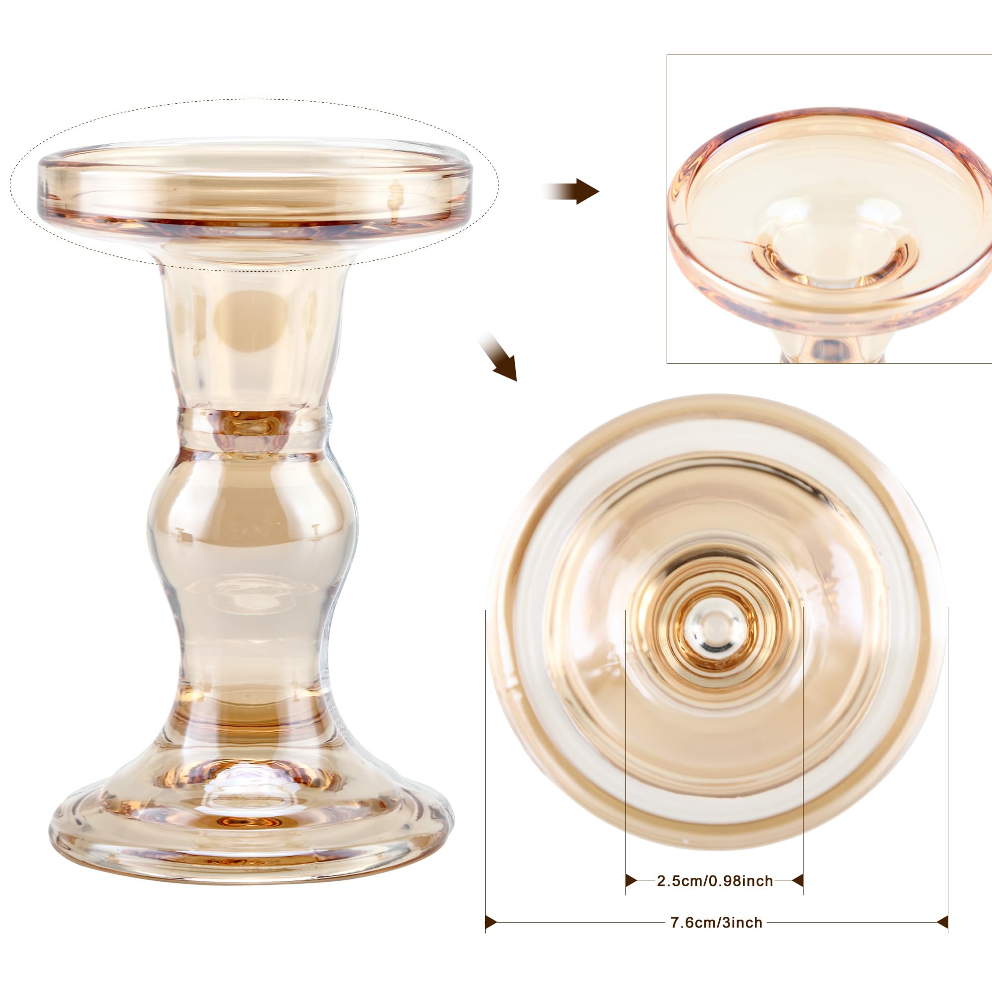 Amber Glass Candle Holder Set, QENUIITEA Set of 3 Clear Candlesticks Holders Pillar Taper Candles Tea Light Stand for Centerpieces Church Wedding Party Home Decor Dining Table