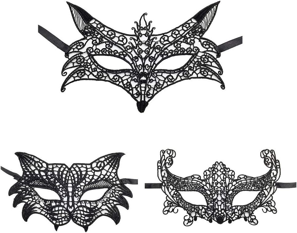 Jamron Women Sexy Black Lace Eye Mask for Masquerade Halloween Party Prom Ball Carnival Dress Mask 3PCS Set Fox SN07830