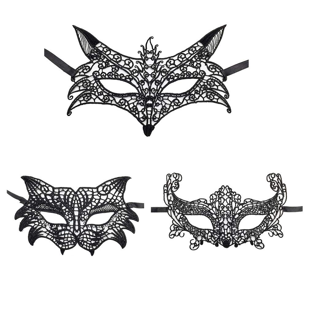 Jamron Women Sexy Black Lace Eye Mask for Masquerade Halloween Party Prom Ball Carnival Dress Mask 3PCS Set Fox SN07830