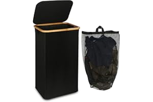efluky Laundry Hamper with Lid, 100L Tall Laundry Basket with Bamboo Handles for Clothes and Toys, Collapsible Laundry Hamper with Inner Bag for Bedroom and Bathroom, Black