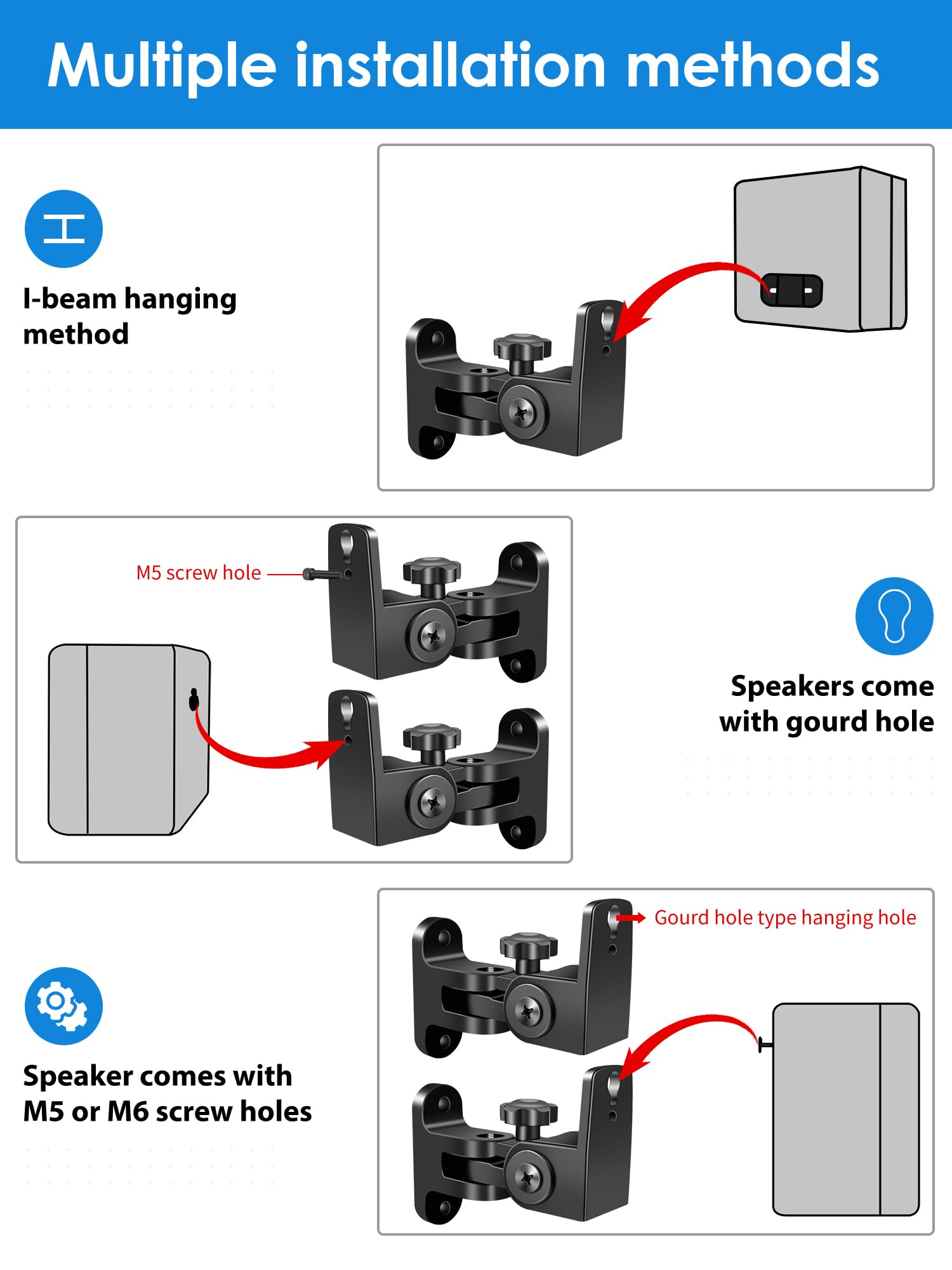 Speaker Wall Mounts, 2 Packs Universal Mounting Bracket for Small Bookshelf Speakers, Vertical 120°, Horizontal 180°Adjustment, Compatible with Bose, JBL, KEF,Sony & Others, Hold up to 32 lbs