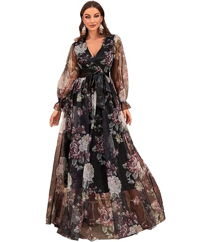 Plus Size Women's Dresses 2024 Spring Summer V Neck Long Sleeve Floral Print Lace Mesh Elegant Formal Bridesmaid Maxi Dress at Amazon Women's Clothing store