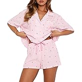 XBTCLXEBCO Women Valentines Pajama Sets Heart Print Short Sleeve Button Down Tops and Shorts 2 Piece Pjs Set Loungewear