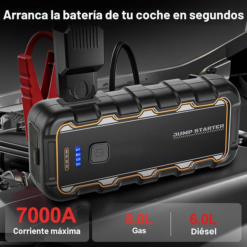 Motor de arranque de bateria de carro de 7000A, para gasolina de 8.0L/gasóleo de 6.0L, arranque portátil de 12V com carregamento rápido USB e grampos para bateria, funciona em frios extremos, para carro, mota, barco, campismo