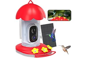 DOCOON Hummingbird Feeder with Camera Solar Powered, Bird Watching Camera with Ant Moat, Bee Proof, AI Identify Bird Species, Instant Notification, Ideal Present for Bird Lovers(20 Ounces)