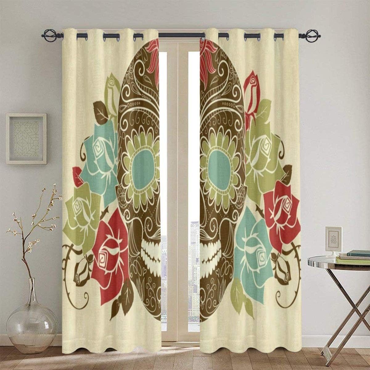 531 Cortinas, Calavera y Rosas Colorida composición Vintage con