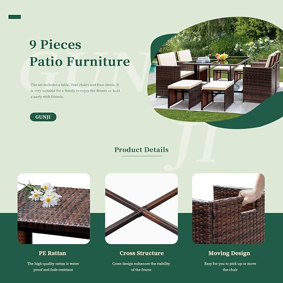 Blue Gunji 9 Pieces Patio Dining Sets Outdoor Furniture Outdoor Space Saving Rattan Chairs With Glass Table Patio Furniture Sets Cushioned Seating And Back Patio Furniture Accessories Patio Furniture Sets