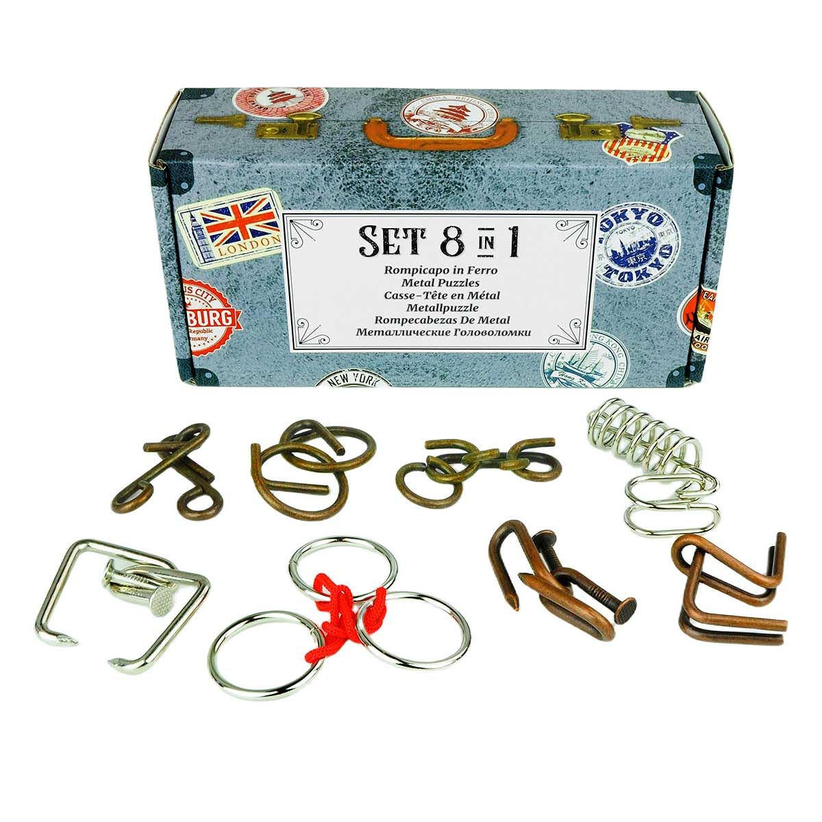 Logica Puzzles - Set 8 Metal Puzzles in 1 Vintage Suitcase - Mixed Difficulties set for beginners and non beginners