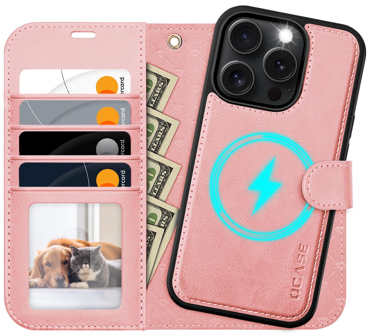 OCASE for iPhone 16 Pro Max Case, Detachable 2 in 1 PU Leather Wallet Case with RFID Blocking, Wireless Charging, Card Holders, Kickstand, Shockproof Removable Phone Cover, Pink