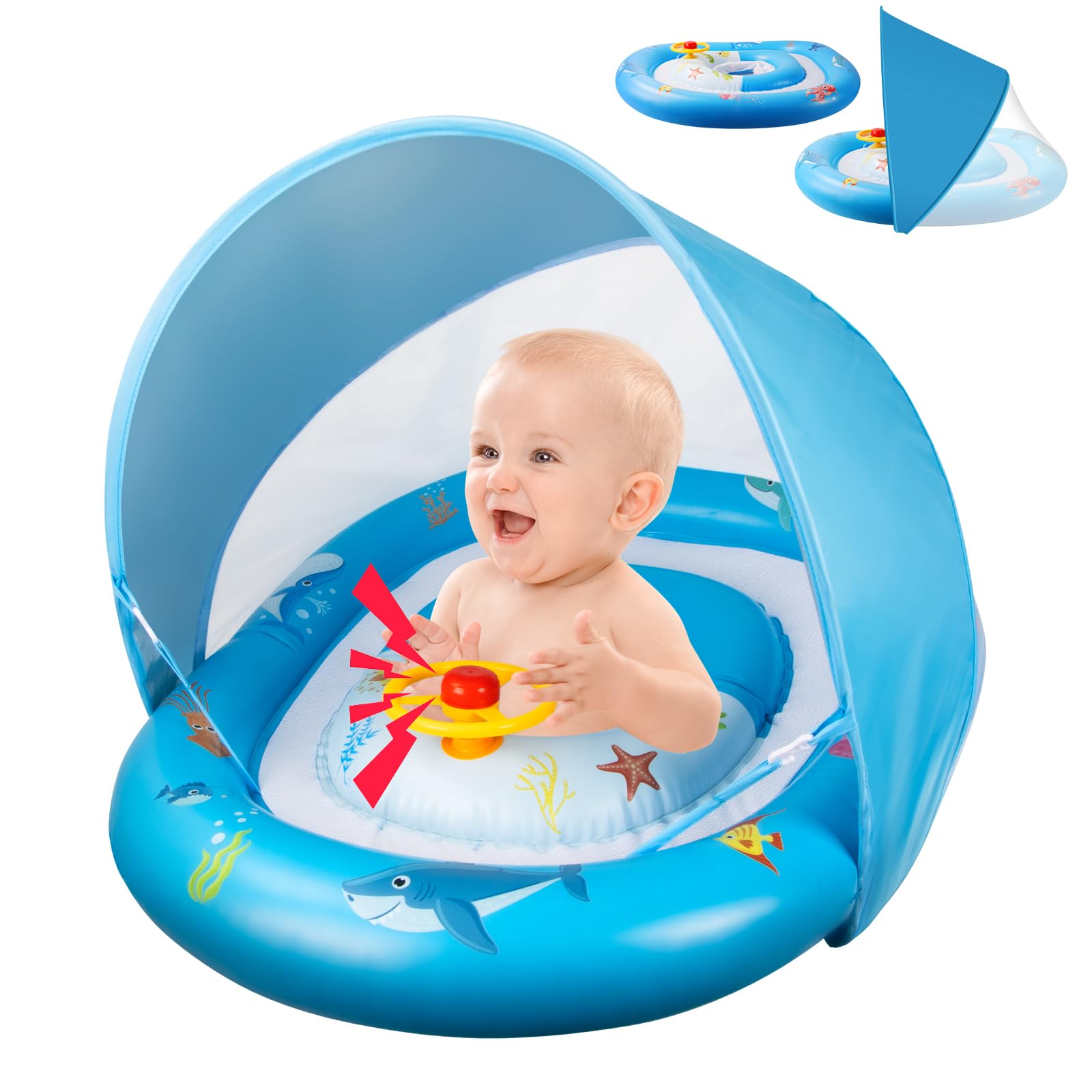 Olycism Baby Swimming Float with Canopy UPF50+ Baby Swimming Ring with 2*Patch Kit Made of Child-friendly Materials for Baby's Water Floating or Swimming Exercises for Baby ab 16-48 Month