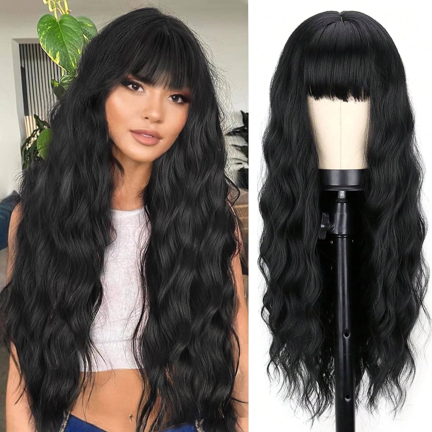 YEESHEDO Long Black Wigs for Women Natural Curly Wavy Synthetic Hair Wig with Fringe for Girls Cosplay Party or Everyday Wear